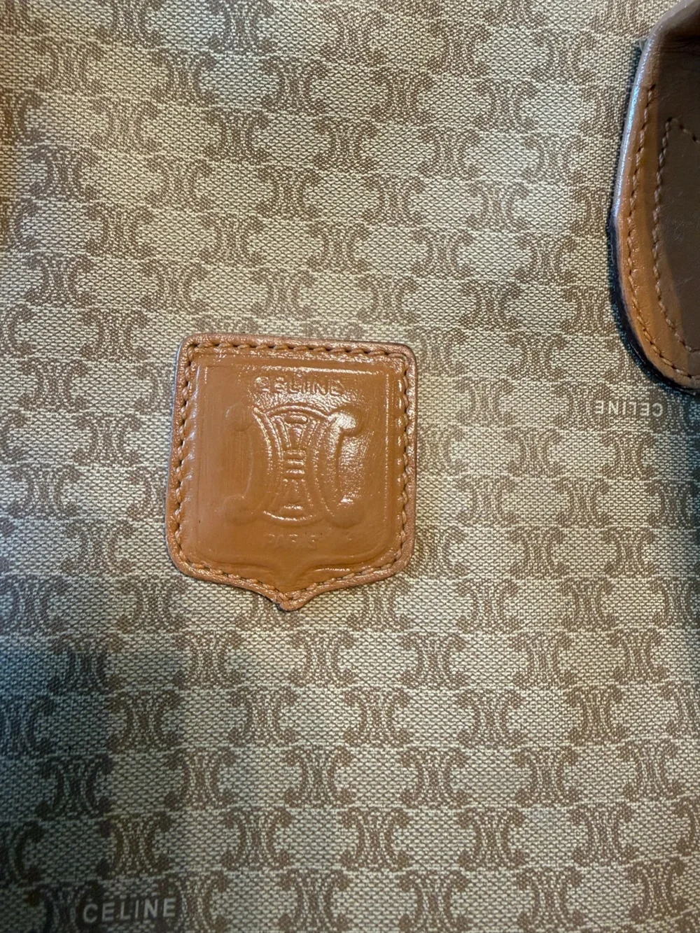 Celine Beige Monogram Tote with Tan Leather Crest